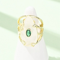 Quartz Crystal Natural Quartz Crystal Cuff Rings, Teardrop, Brass Pave Cubic Zirconia Cuff Open Rings, Faceted, Golden, 26.5mm, Inner Diameter: 18mm