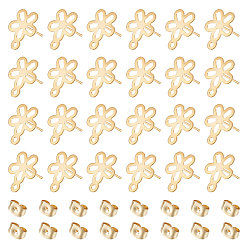 Настоящее золото 24K 50шт. 201 фурнитура для сережек-гвоздиков в виде цветка из нержавеющей стали, с 304 штифтами из нержавеющей стали, горизонтальными петлями и ушными гайками, реальный 24 k позолоченный, 14x11.5 мм, отверстие : 1.5 мм, штифты : 0.8 мм