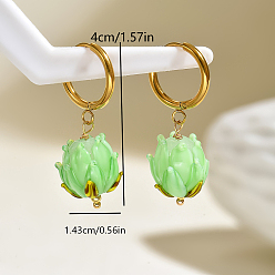Spring Green 201 Stainless Steel Hoop Earrings, Flower, Glass Dangle Earrings for Women, Gloden, Spring Green, 40x14.3mm