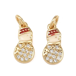 Снеговик Рождественские латунные эмалевые подвески с микропаве из кубических цирконий, с целью перехода в кольце, без свинца и без кадмия, долговечный, стойки покрытие, реальный 18 k позолоченный, снеговик, 11.5x6x2 мм, отверстие : 2 мм