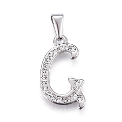 Letter G 304 Stainless Steel Pendants, with Rhinestone, Letter, Letter.G, 25x14x2mm, Hole: 3~3.5x7.5~8mm