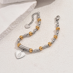 Золотой & Цвет Нержавеющей Стали 201 браслеты из нержавеющей стали с подвесками в виде сердца и святого Бенедикта, 201 браслеты из нержавеющей стали для женщин, золотые и нержавеющая сталь цвет, Сердце: 1/2x1/2 дюйм (1.4x1.3 см), внутренний диаметр: 7-1/8 дюйм (18 см)