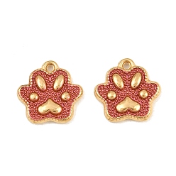 Indian Red 304 Stainless Steel Enamel Pendants, Paw Print Charms, Ion Plating(IP), Real 18K Gold Plated, Indian Red, 13x13x2.5mm, Hole: 1.2mm