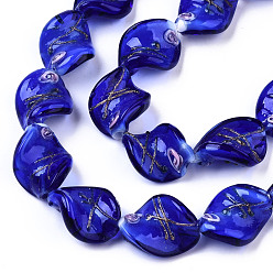 Blue Handmade Gold Sand Lampwork Beads, Twist, Blue, 20~21x15~16x8~10mm, Hole: 1~1.4mm