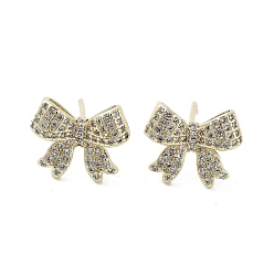 Real 18K Gold Plated Rack Plating Brass Micro Pave Cubic Zirconia Stud Earring, Cadmium Free & Lead Free, Long-Lasting Plated, Bowknot, Real 18K Gold Plated, 11.5x14mm
