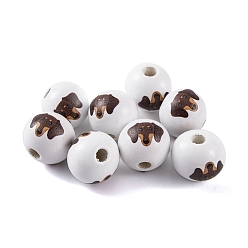White Wood European Beads, Round with Dog Pattern, White, 16x15mm, Hole: 4.5mm