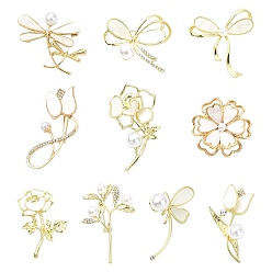 Морская Ракушка 10шт 10 стили сплава горный хрусталь броши для рюкзака одежды, с имитацией жемчуга и ракушки, разнообразные, цвет морской раковины, 31~52x27.5~43 мм, 1 шт / стиль