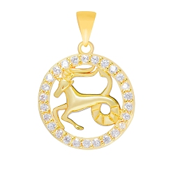 Capricornio Micro latón allanan colgantes cúbicos del zirconia, colgante redondo plano con constelación, real 18 k chapado en oro, Capricornio, 16 mm