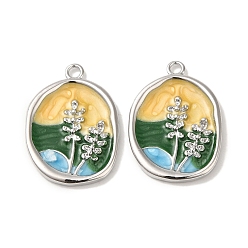 Платина Латунь эмаль подвески, без кадмия, без никеля и без свинца, овал с цветочной подвеской, платина, 23x16x2 мм, отверстие : 2 мм