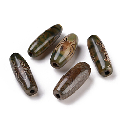 Blessings Pattern Tibetan Style dZi Beads, Natural Agate Beads, Dyed & Heated, Oval, Longevity & Spider Pattern, 28.5~32x10~12.5mm, Hole: 1.5~3mm