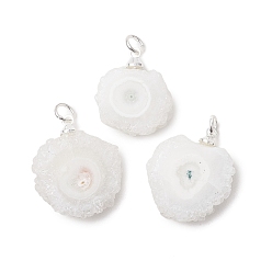 Серебро Подвески из натурального агатового среза с друзой в форме подсолнечника., Подвески в виде самородков с фурнитурой из нержавеющей стали., белые, серебряные, 304 мм, Перейти кольцо: 19~22.5x16.5~19x5.5~6.5 мм, внутренний диаметр: 5x1 мм