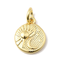 Настоящее золото 18K Латунь прелести, плоские круглые с солнцем и луной, долговечный, стойки покрытие, с целью перехода в кольце, реальный 18 k позолоченный, 12x10x2 мм, отверстие : 3 мм