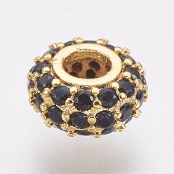Golden Brass Micro Pave Cubic Zirconia Beads, Lead Free & Cadmium Free, Rondelle, Black, Golden, 8x4mm, Hole: 3mm