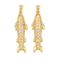 Claro Micro latón allanan colgantes cúbicos del zirconia, encantos de pescado, sin plomo y cadmio, chapado en rack, larga duración plateado, real 18 k chapado en oro, Claro, 35x10.5x4 mm, agujero: 3x5 mm