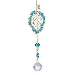 Synthetic Turquoise Synthetic Turquoise with Glass and Lampwork Pendant Decorations, With Alloy Finding, Leaf, 250mm