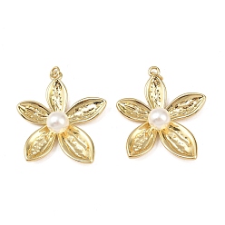 Настоящее золото 18K Латунные подвески, цветок, с жемчужинами из АБС-пластика и соединительными кольцами, без свинца и без кадмия, долговечный, стойки покрытие, реальный 18 k позолоченный, 35x32x9.5 мм, отверстие : 3.5 мм