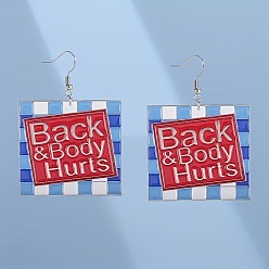 Малиновый Квадратные акриловые серьги-подвески с надписью «спина и тело болят», платина, малиновый, 30x27 мм