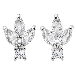 Платина Латунные серьги-гвоздики с фианитами, без кадмия, без никеля и без свинца, с петлей, цветок, платина, 11x8 мм, отверстие : 1.2 мм, штифты : 11x0.7 мм