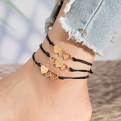 Золотой Наборы браслетов на лодыжку из сплава с тройным сердечком из цепочки и шнура для женщин, золотые, 7-7/8~11-3/4 дюйм (200~300 мм), 3 шт / комплект