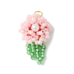 Pink Стеклянные подвески, с бусинами из ракушек и жемчуга и золотыми 304 кольцами из нержавеющей стали, роза, розовые, 26~27x16x5.5 мм, отверстие : 3 мм