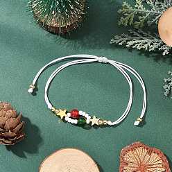Белый Рождественские тематические стеклянные бусины плетеные браслеты из бисера для женщин, с латунными бусинами и бусинами из тайваньского нефрита и малайзийского нефрита из сердолика, белые, внутренний диаметр: 1-3/4~3-3/8 дюйм (4.5~8.5 см)