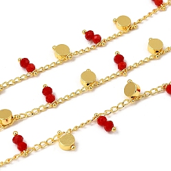 Темно-Красный Латунные плоские круглозвенные цепи, со стеклом, стойки покрытие, долговечный, без свинца и без кадмия, реальный 18 k позолоченный, пайки, с катушкой, темно-красный, 3x2x0.5 мм и 8.5x5x2.5 мм и 9x3.7 мм