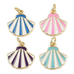(52) Непрозрачная лаванда Латунь эмаль прелести, с целью перехода в кольце, шарм в форме ракушки, реальный 18 k позолоченный, стойки покрытие, без свинца и без кадмия, долговечный, разноцветные, 14x14x2 мм, отверстие : 3 мм