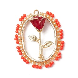 Красный Овальные стеклянные бусины с подвесками в виде роз, с подвеской из сплава эмали и настоящим 18k золотом 304 из нержавеющей стали с открытыми соединительными кольцами, красные, 33.5x28.5x9 мм, отверстие : 3.5 мм