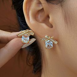 Золотой Серьги-гвоздики с бантом из латуни с прозрачным кубическим цирконием, золотые, 17x19 мм