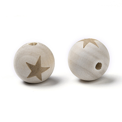 BurlyWood Unfinished Wood Beads, Natural Wooden Beads, Round with Star, BurlyWood, 19~20mm, Hole: 4~5mm