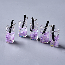 Лиловый Стеклянные подвески для бутылок, со смолой и полимерной глиной внутри, железный глаз из пластика и платины, имитация сока бутылки, сирень, 24~26x10 мм, отверстие : 1.6 мм
