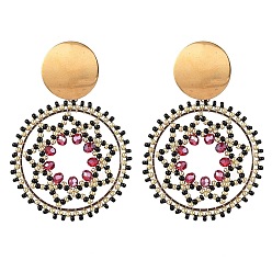 Черный Серьги-гвоздики из стеклянного бисера, плоские круглые серьги с узором «звезда Давида», золотые, чёрные, 60x41 мм