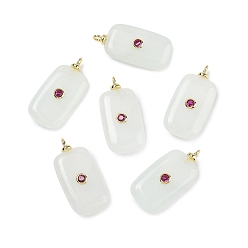 Белый Нефрит Крашеные натуральный белый нефрит подвески, прямоугольные подвески с латунной микропаве кубическими цирконами, без свинца и без кадмия, долговечный, стойки покрытие, реальный 18 k позолоченный, лазурный, 30x15x6.5 мм, отверстие : 2 мм