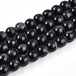 Черный Выпечки нарисованных стеклянных бусин прядей, круглые, два тона, чёрные, 7.5~8 мм, отверстие : 1.2 мм, около 80~82 шт / нитка, 26.77~27.56 дюйм (68~70 см)