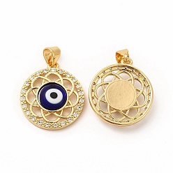 Medium Blue Rack Plating Brass Micro Pave Clear Cubic Zirconia Pendants, with Handmade Evil Eye Lampwork, Cadmium Free & Lead Free, Long-Lasting Real 18K Gold Plated, Flat Round with Flower Charm, Medium Blue, 21.5x19x4.5mm, Hole: 4.5x3.5mm