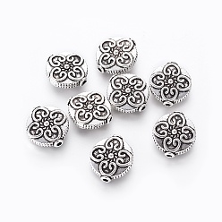 Античное Серебро Сплавочные овальные бусины тибетского стиля , плоские круглые с цветком, античное серебро, 14x13x4.5 мм, отверстие : 1.5 мм
