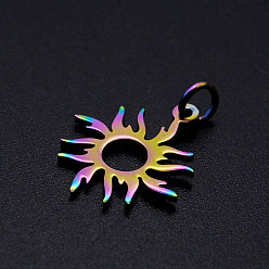 Rainbow Color Ion Plating(IP) 304 Stainless Steel Solar Eclipse Pendants, with Jump Rings, Sun, Rainbow Color, 18x16x1mm, Jump Ring: 5x0.8mm, Inner Diameter: 3mm