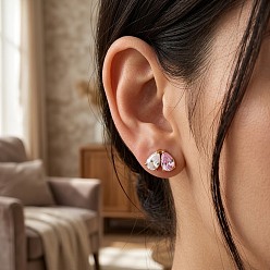 Pink 304 Серьги-гвоздики из нержавеющей стали в форме капли с инкрустацией кубическим цирконием, двойные, для женщин, золотые, розовые, 10x6.9 мм