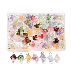 Mixed Color 60Pcs 15 Styles Glass Pendants, Mushroom Charms, with Real 18K Gold Plated Brass Findings, Mixed Color, 20mm, Hole: 2mm, 4pcs/style