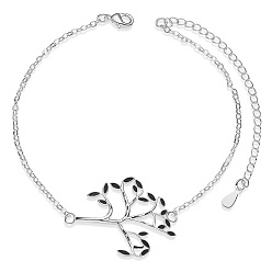 Black Brass Link Anklets, with Epoxy Resin and Cable Chains, Tree, Platinum, Black, 8-1/4 inch(21cm)