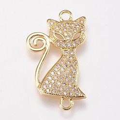 Золотой Латунные соединители звеньев котенка из кубического сплава, силуэт кота, прозрачные, золотые, 23x13x2 мм, отверстие : 1 мм