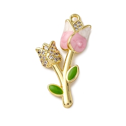 Pink Латунные микро проложить кубического циркония подвески, цветок, с эмалью, долговечный, стойки покрытие, без кадмия и без свинца, реальный 18 k позолоченный, розовые, 25x15.5x4.5 мм, отверстие : 1.4 мм