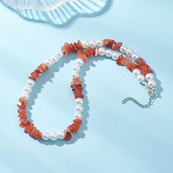 Нержавеющая Сталь Цвет Ожерелья из круглых бусин из натурального южного красного агата и стеклянного жемчуга для женщин, с 304 концевыми цепями из нержавеющей стали, цвет нержавеющей стали, 17.01 дюйм (43.2 см)