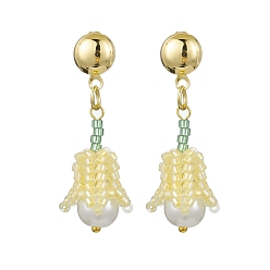 Лимонный шифон Серьги-гвоздики из цветка из стеклянного бисера ручной работы, с пластиковой жемчужины, золотые, лимонный шифон, 39x14 мм