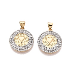 Real Gold Plated & Real Platinum Plated Латунные микропаве прозрачные подвески с фианитом, плоский круглый с сердечками, два тона, настоящее золото и платина, 20x18x3 мм, отверстие : 5x3 мм