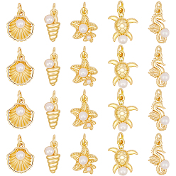 Mixed Shapes 20 шт 5 стили латунные подвески, океанские темы, с искусственным жемчугом, долговечный, без кадмия и без свинца, стойки покрытие, реальный 18 k позолоченный, с целью перехода в кольце, разнообразные, 13.5~16x6.5~13x4.5~5.5 мм, отверстие : 3.5 мм, 4 шт / стиль