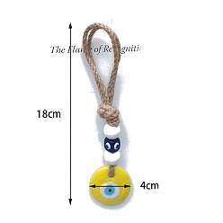 Желтый Стеклянная плоская круглая форма с подвесками от сглаза, джутовый шнур, подвесное украшение для автомобиля, желтые, 180x40 мм