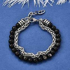 Серебряный Лист Джаспер Браслеты из натуральных серебряных листов яшмы с круглыми бусинами и несколькими нитями, браслеты из нержавеющей стали с кубинскими звеньями для мужчин и женщин, 8-5/8 дюйм (22 см) ~ 9 дюйм (22.8 см)