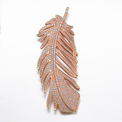 Rose Gold Brass Micro Pave Cubic Zirconia Big Pendants, Feather, Rose Gold, 80x31x5mm, Hole: 3mm