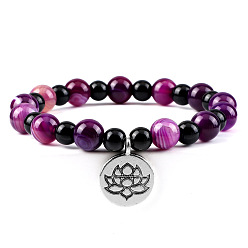 Полосатый Агат Браслеты с подвесками из круглых бусин из натурального окрашенного фиолетового полосатого агата, плоские круглые браслеты с подвесками в виде лотоса для мужчин и женщин, с черным агатом